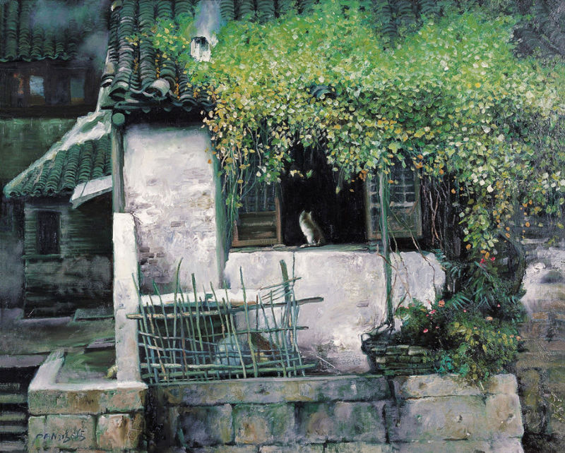 罗贯中油画江南水乡,江南水乡风景画秋色