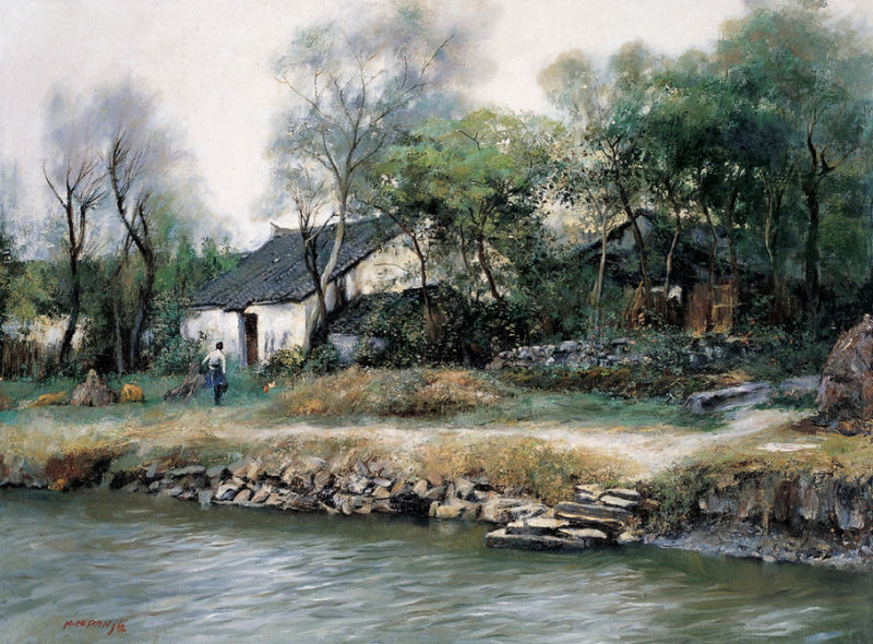 罗贯中油画江南水乡,江南水乡风景画秋色