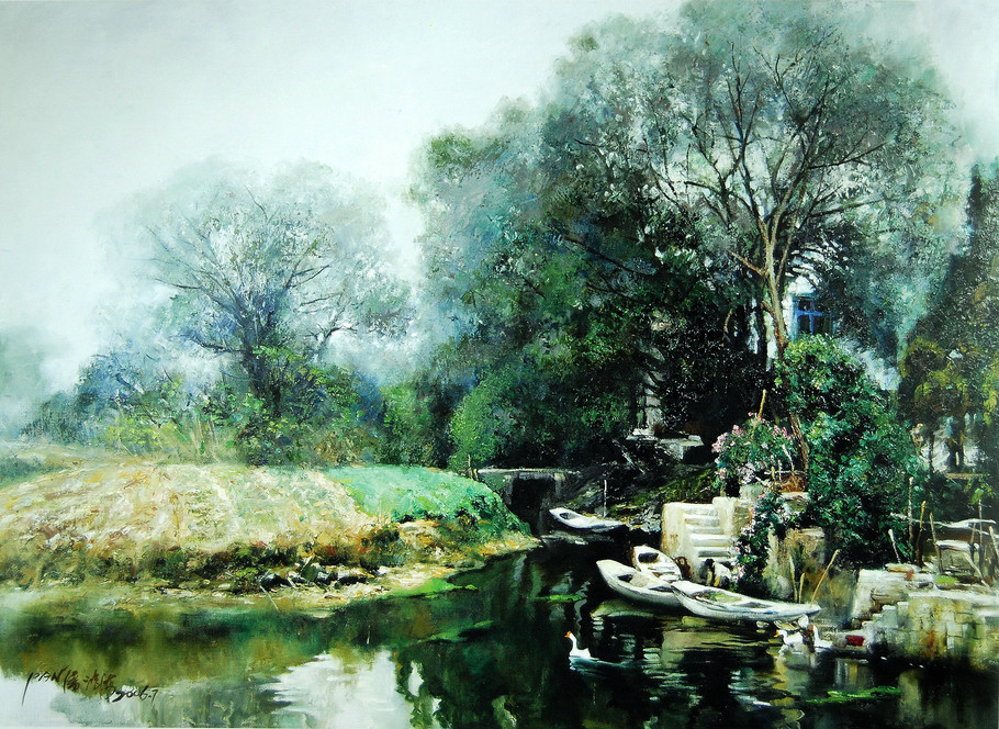 罗贯中油画江南水乡,江南水乡风景画秋色