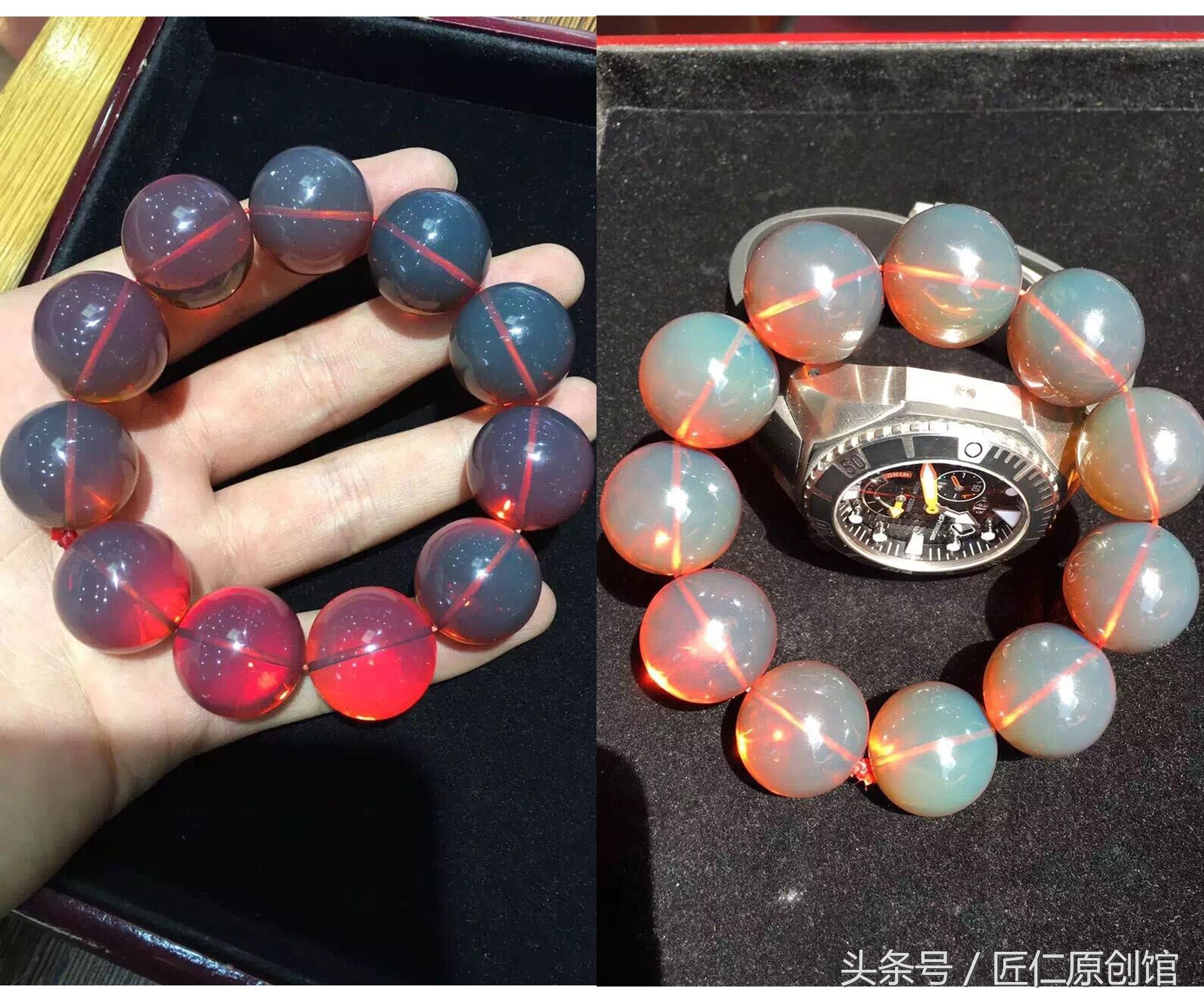 缅珀橘黄变色龙琥珀手串,缅甸棕底变色龙琥珀