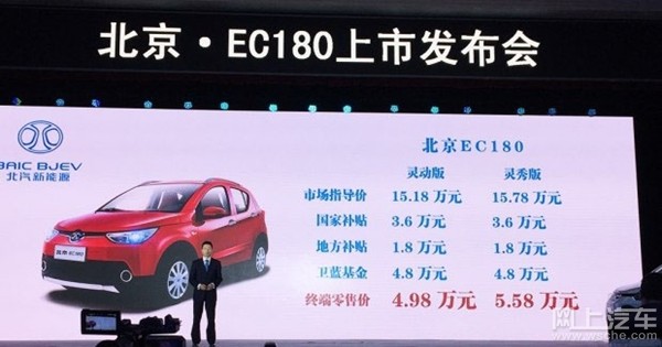 北汽新能源纯电动车EC180上市，补贴后售4.98万起！