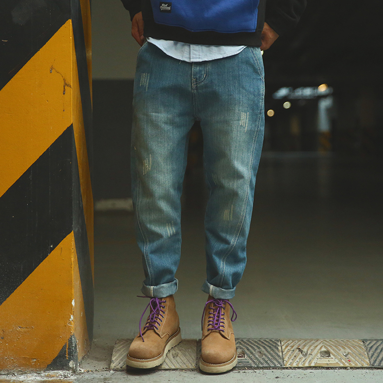 矮个子男生适合穿垂坠感牛仔裤,抽绳宽松牛仔裤男微胖