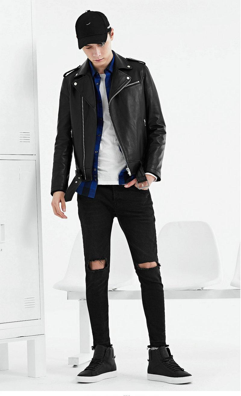 皮衣男款痞帅街拍,亮面机车皮衣男款街拍