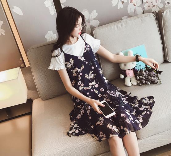 直筒印花雪纺八片连衣裙,儿童雪纺印花连衣裙