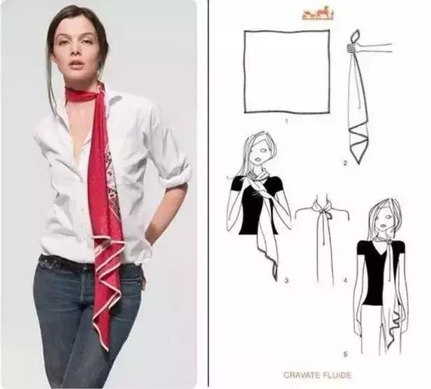 夏天丝巾系法大全,夏天长方形丝巾搭白衬衫的系法