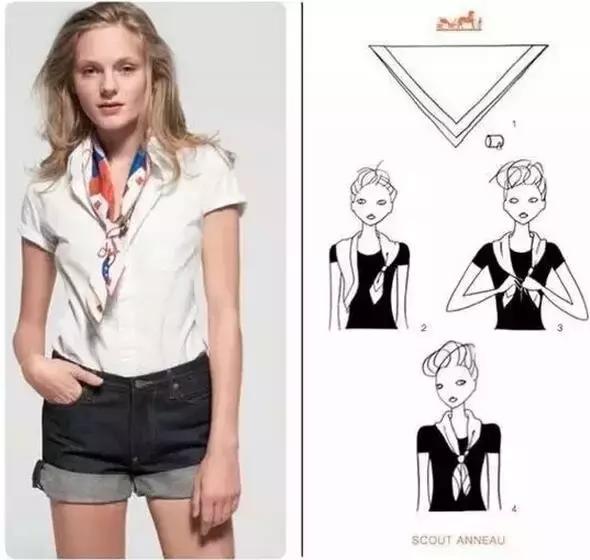 夏天丝巾系法大全,夏天长方形丝巾搭白衬衫的系法