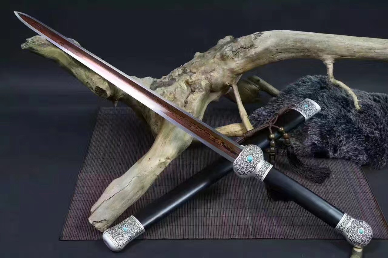 20寸-百炼花纹钢高硬度镀银乌木剑鞘太子战剑鉴赏