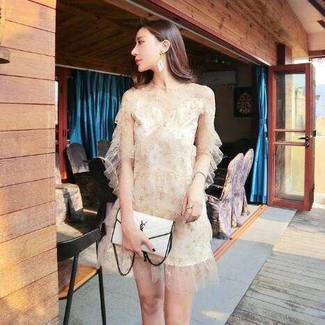网纱一字裙连衣裙,刺绣花网纱裙