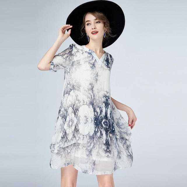新款真丝连衣裙夏季翻领女中年,夏季女连衣裙新款2019真丝