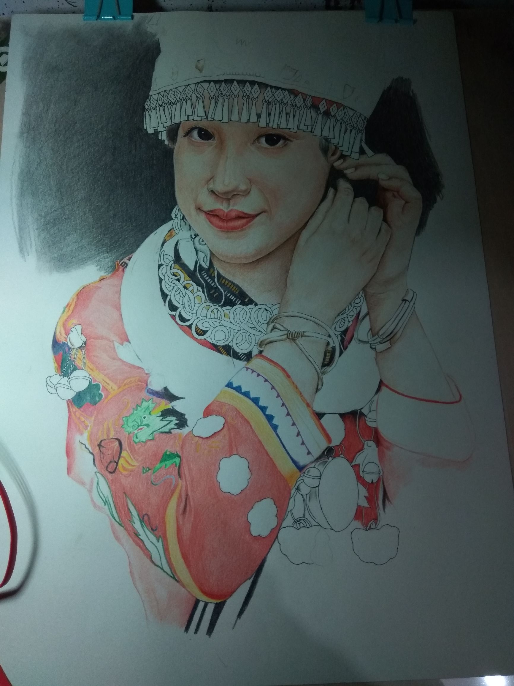 马克笔画苗族少女,苗族姑娘彩铅画