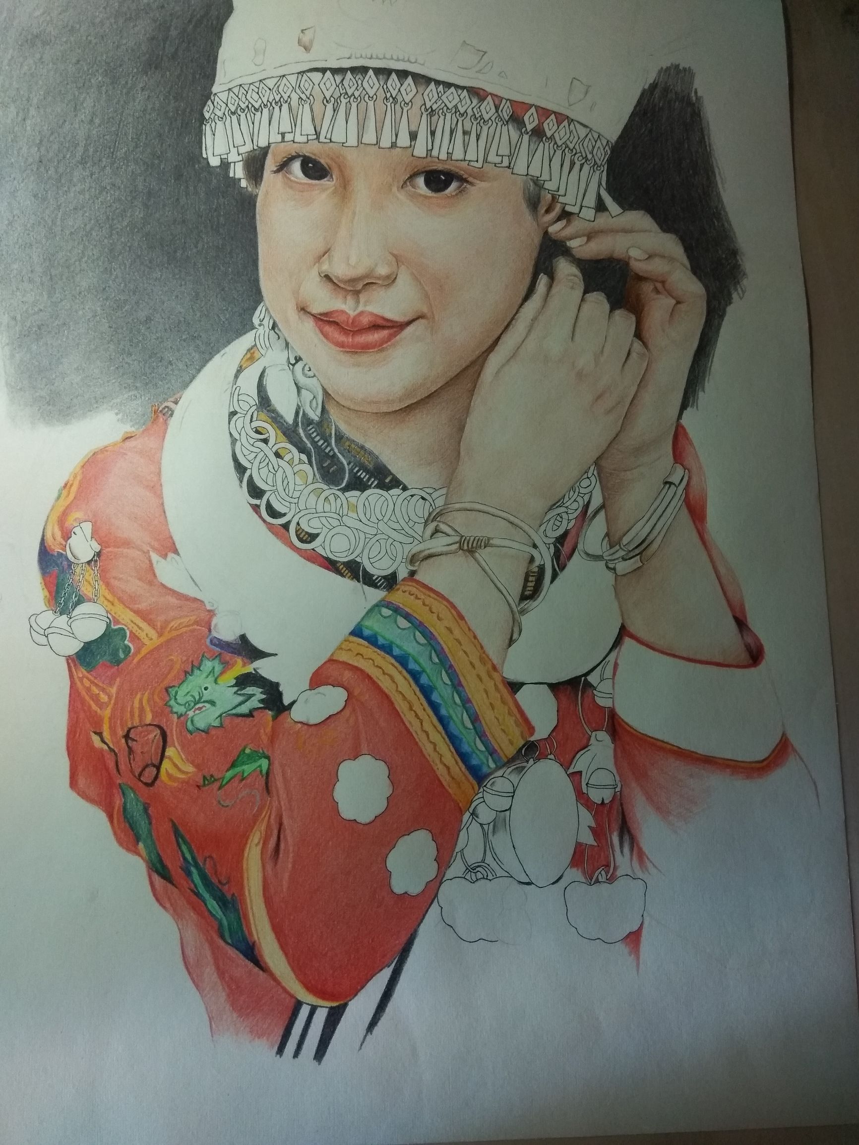 马克笔画苗族少女,苗族姑娘彩铅画