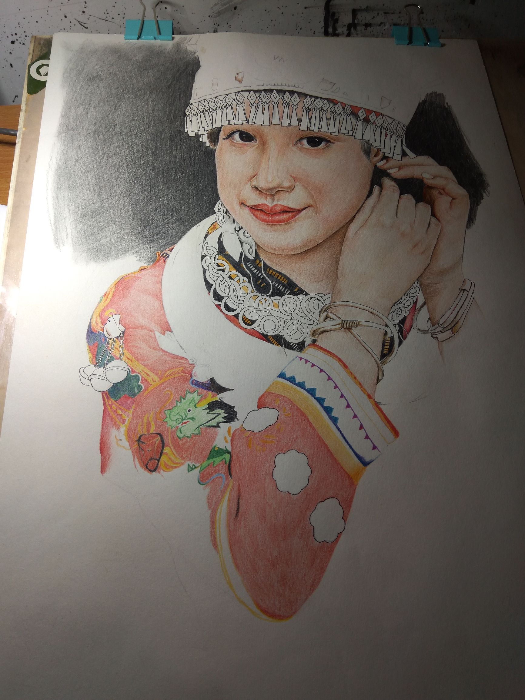 马克笔画苗族少女,苗族姑娘彩铅画