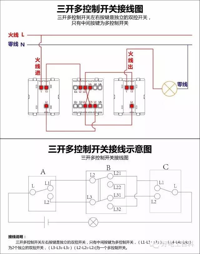 三开单控与单开双控接线视频,单开三控开关接线方法线路图