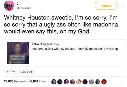 老牌Diva的抓马：Madonna信件曝光，称WhitneyHouston“平庸到可怕”