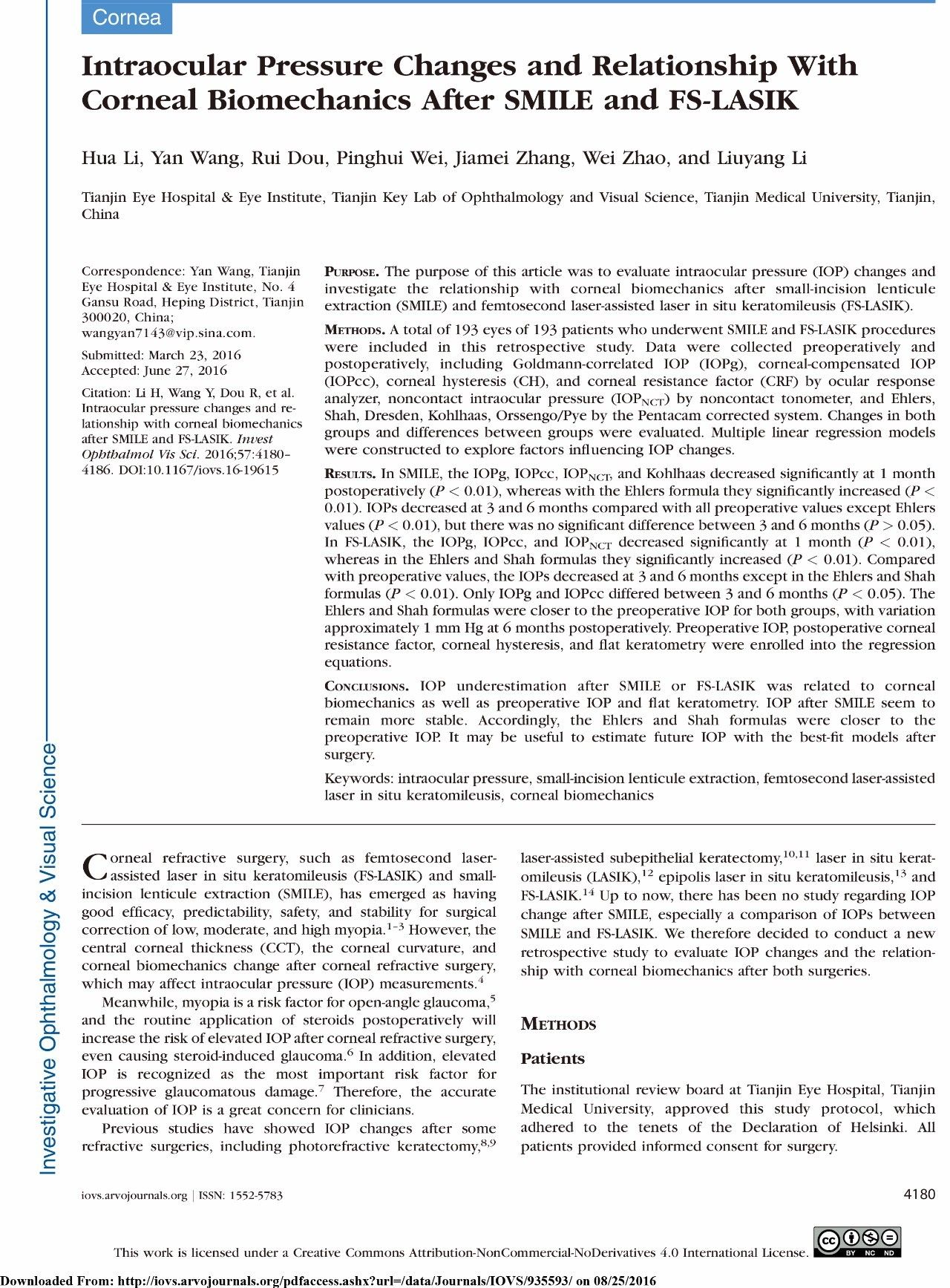 SMILE学术荟萃丨SMILE和FS-LASIK术后眼压变化及其与角膜生物力学的相关性