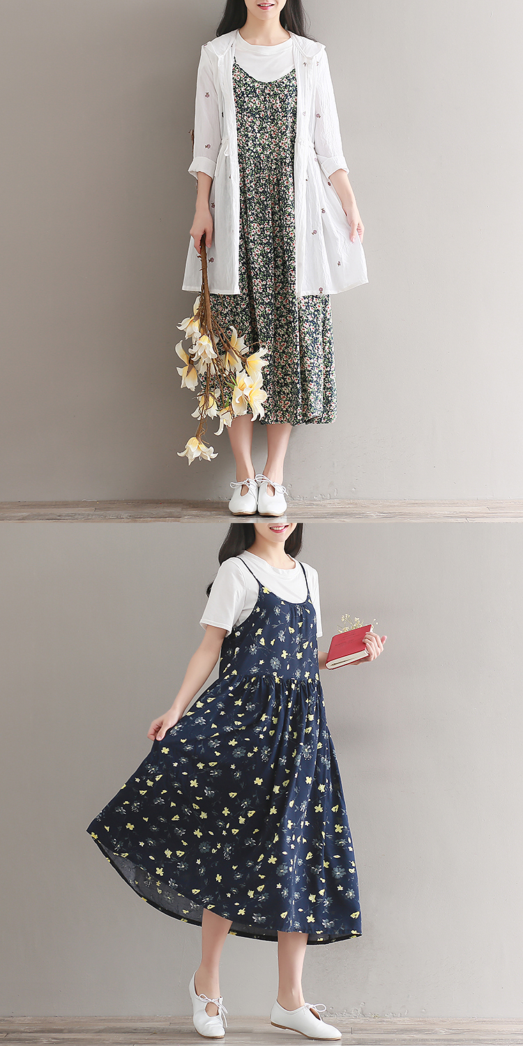 夏季最新款碎花长裙连衣裙,复古小碎花飘带连衣裙吊带长裙