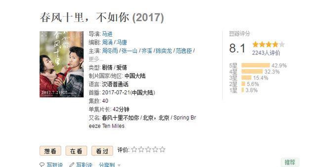 《春风十里不如你》豆瓣评分一路下跌，剧情和节奏遭吐槽，周冬雨、张一山演技受好评