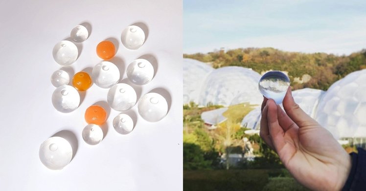 这一颗颗像是露珠的水球竟然可以喝下肚，这是消减矿泉水瓶的重要发明