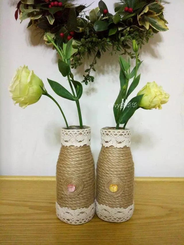 不要的玻璃瓶与麻绳制作复古花瓶,设计废弃塑料瓶变身趣味家居摆件