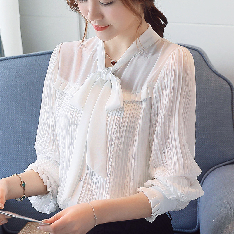 中长款雪纺衫上衣新款蝴蝶结,碎花雪纺衫蝴蝶结长袖