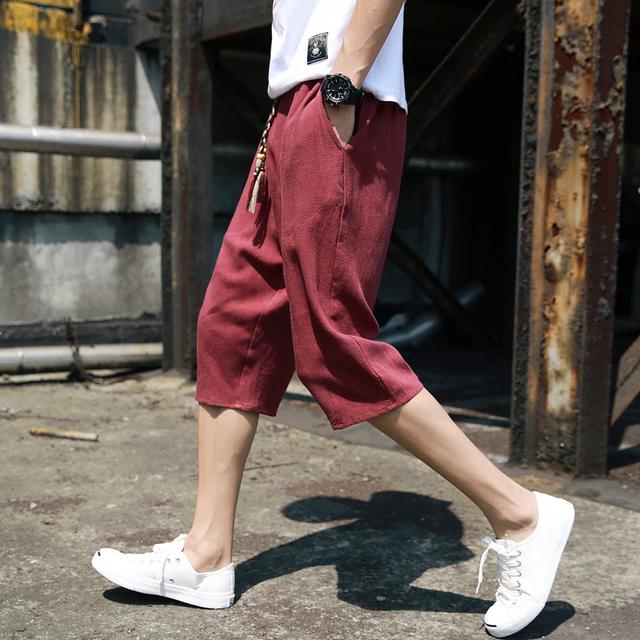 女士牛仔七分中裤哈伦萝卜裤,亚麻休闲民族风哈伦裤