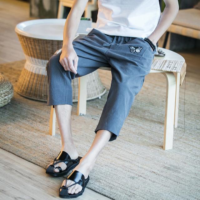 女士牛仔七分中裤哈伦萝卜裤,亚麻休闲民族风哈伦裤