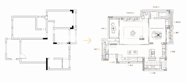 连廊天井南北通透,采光天井连通客厅