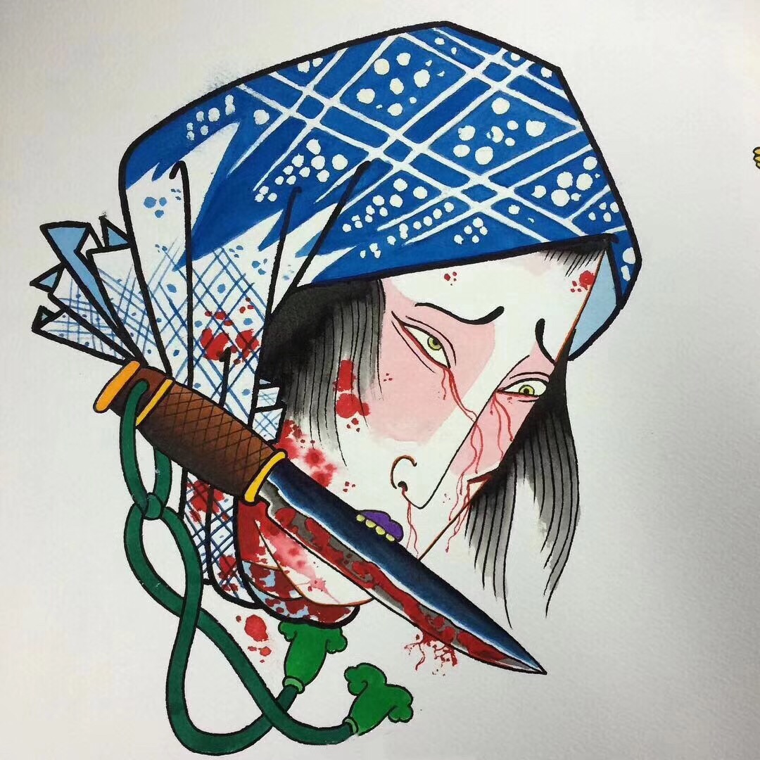 日式生首纹身图案手稿,简单的日式纹身图案