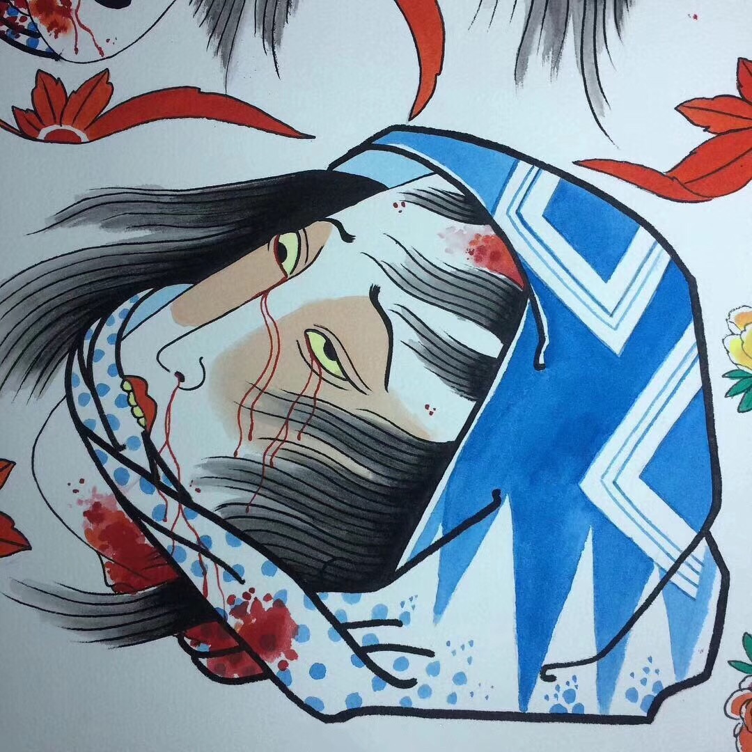 日式生首纹身图案手稿,简单的日式纹身图案