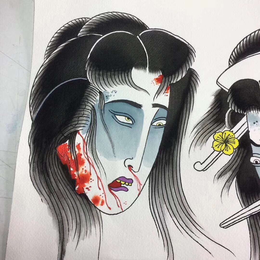 日式生首纹身图案手稿,简单的日式纹身图案