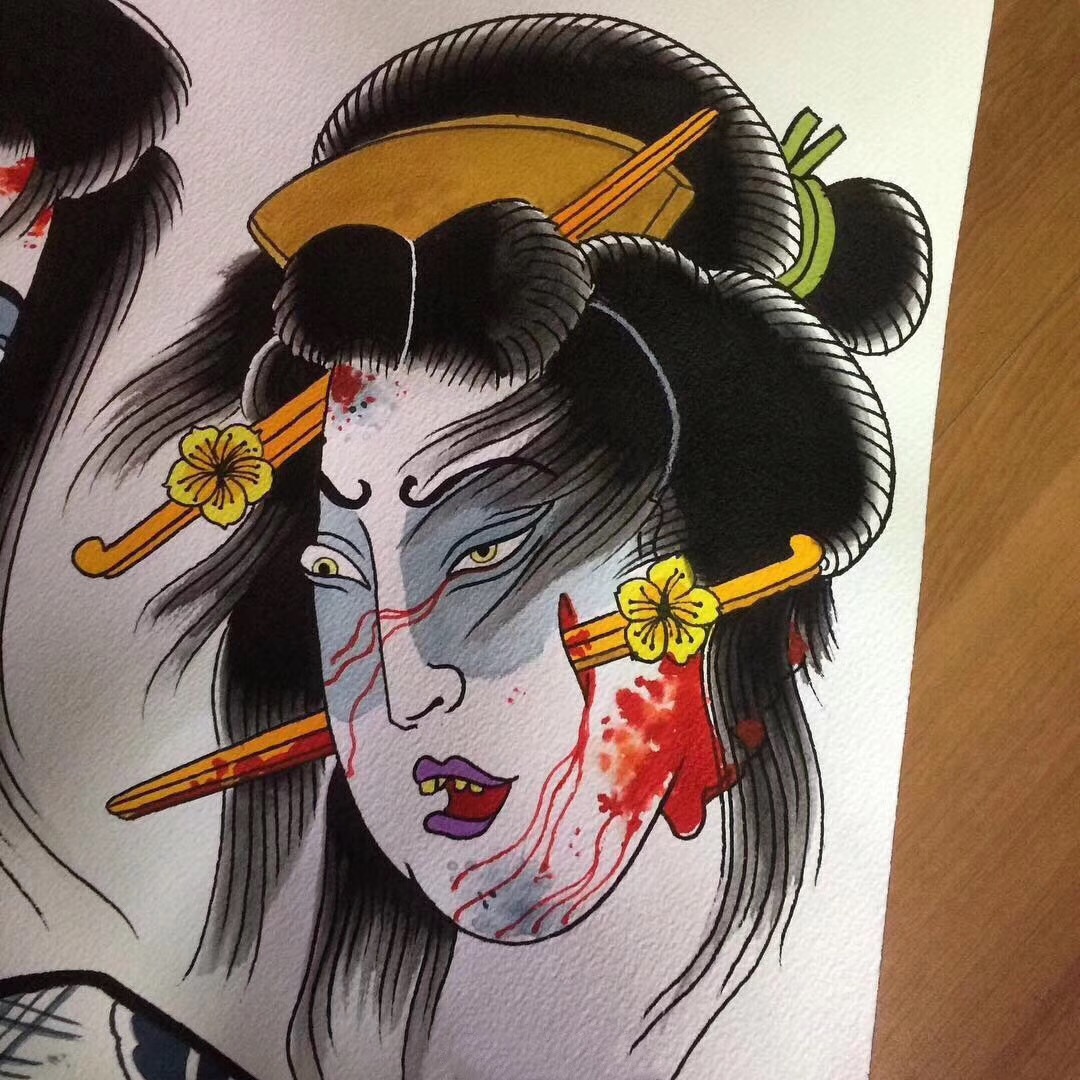 日式生首纹身图案手稿,简单的日式纹身图案