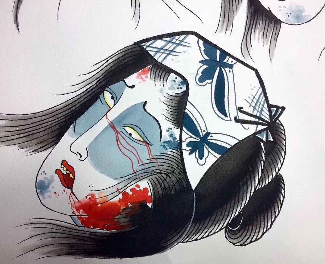 日式生首纹身图案手稿,简单的日式纹身图案