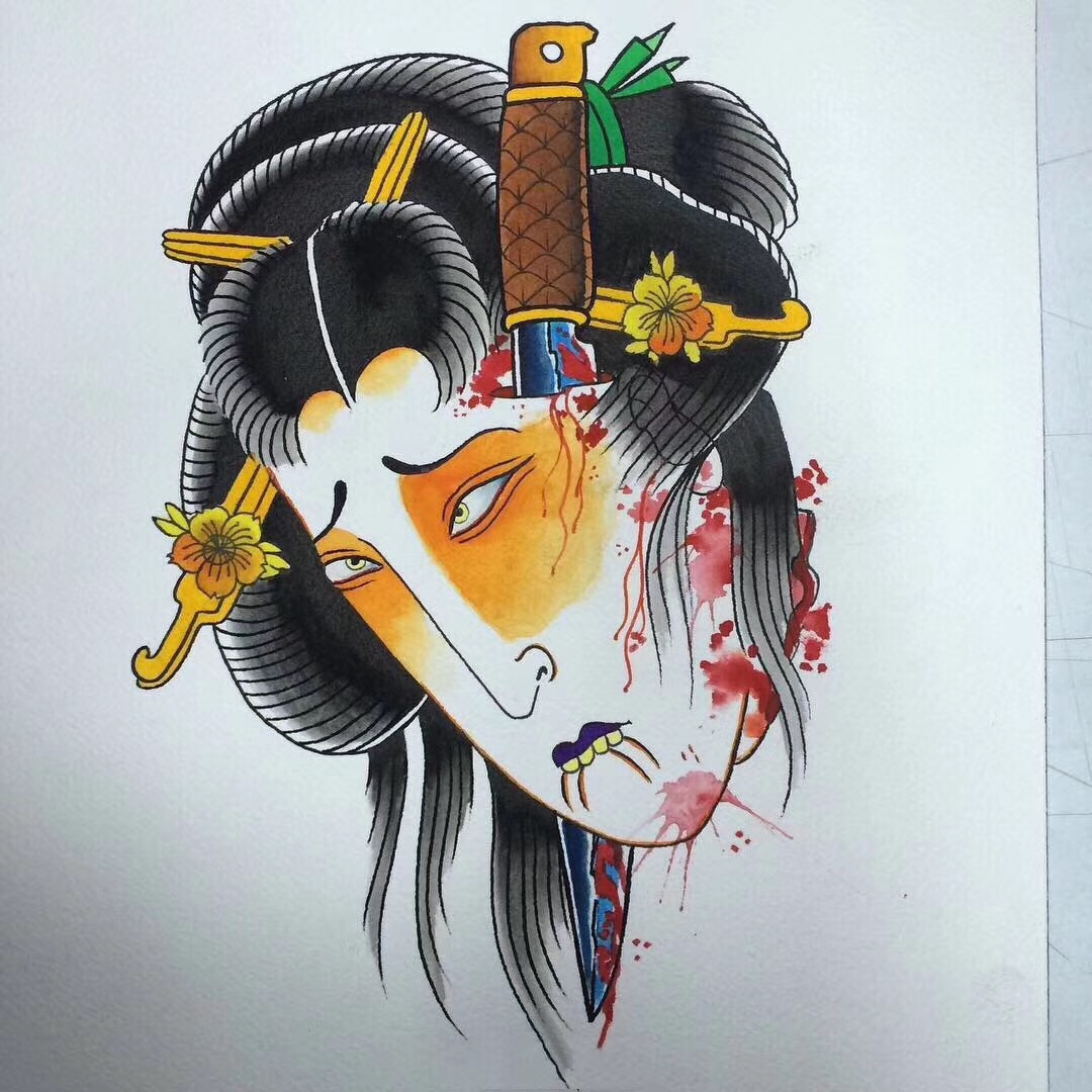 日式生首纹身图案手稿,简单的日式纹身图案