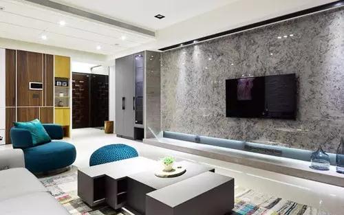 蓝色微晶石背景墙装修效果,微晶石新中式客厅电视背景墙