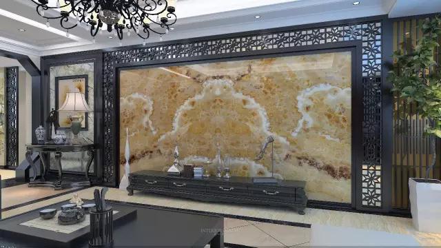蓝色微晶石背景墙装修效果,微晶石新中式客厅电视背景墙