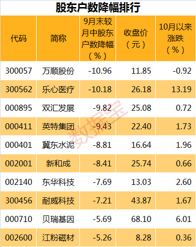 十大股东筹码高度集中的股票,股东人数最新排名
