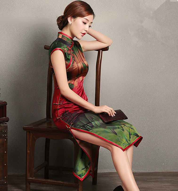传统中式复古中长款优雅旗袍,中国风桑蚕丝复古高端旗袍