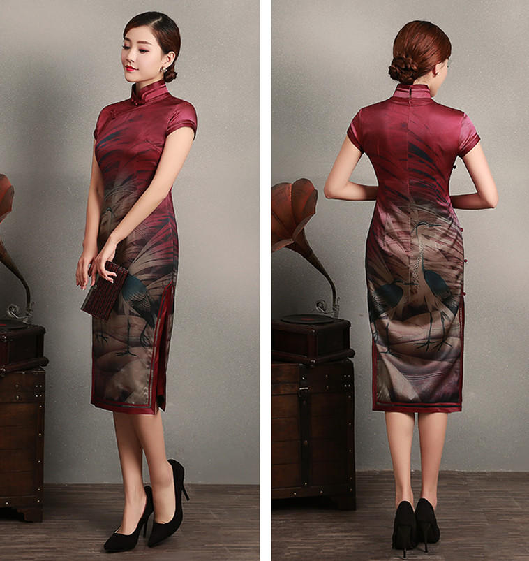 传统中式复古中长款优雅旗袍,中国风桑蚕丝复古高端旗袍