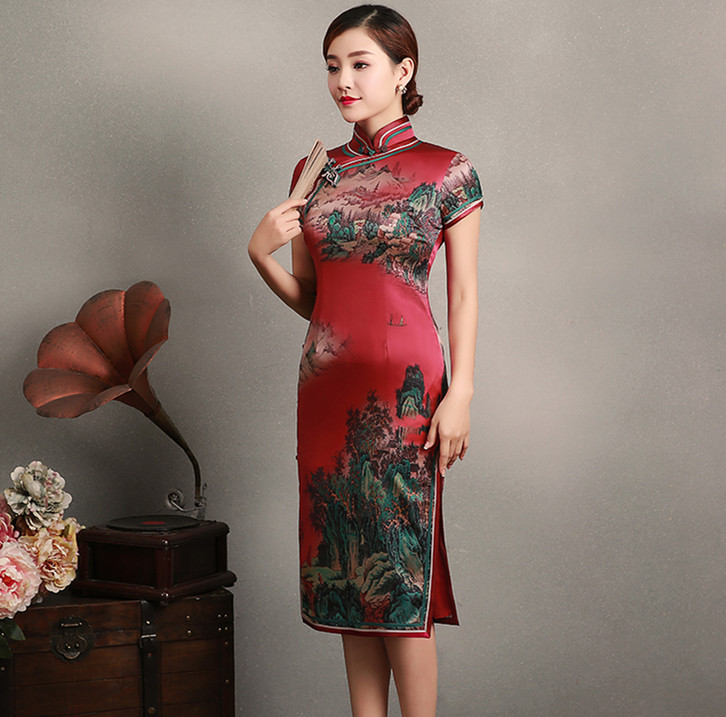 传统中式复古中长款优雅旗袍,中国风桑蚕丝复古高端旗袍