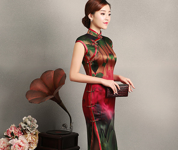 传统中式复古中长款优雅旗袍,中国风桑蚕丝复古高端旗袍