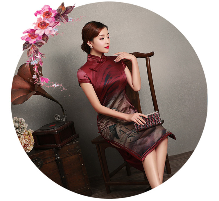 传统中式复古中长款优雅旗袍,中国风桑蚕丝复古高端旗袍