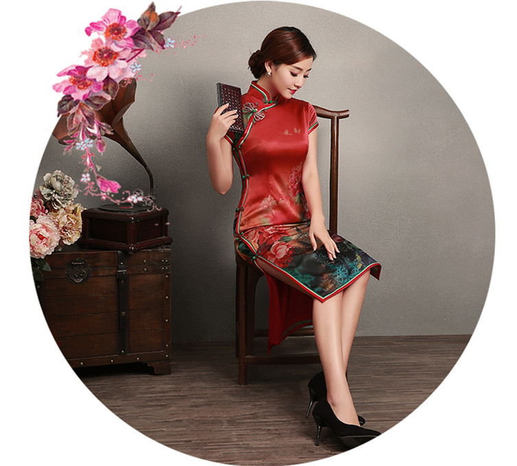 传统中式复古中长款优雅旗袍,中国风桑蚕丝复古高端旗袍