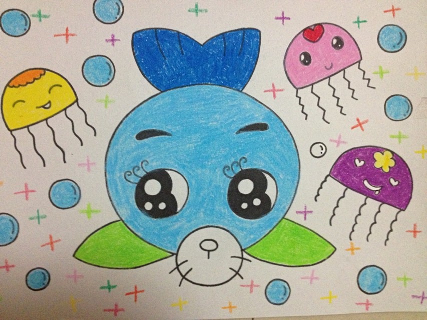 儿童画创意画8-10岁女孩马克笔,儿童创意儿童画4-6岁鲨鱼吃小鱼