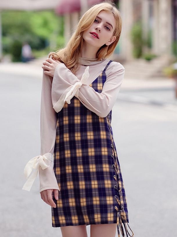 早秋千鸟格网纱套装裙,咖啡色格子吊带裙冬天怎么穿