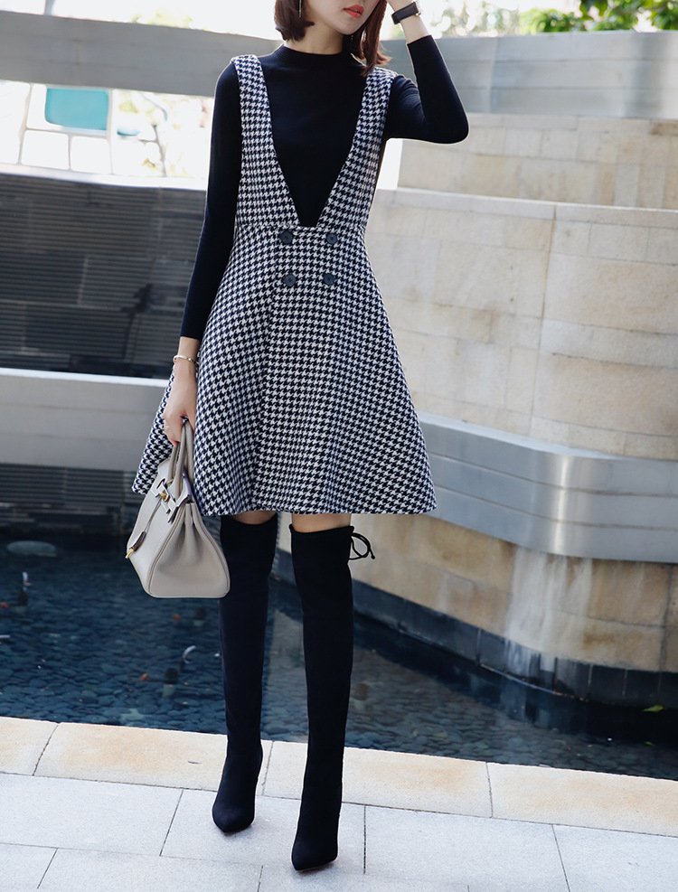 早秋千鸟格网纱套装裙,咖啡色格子吊带裙冬天怎么穿