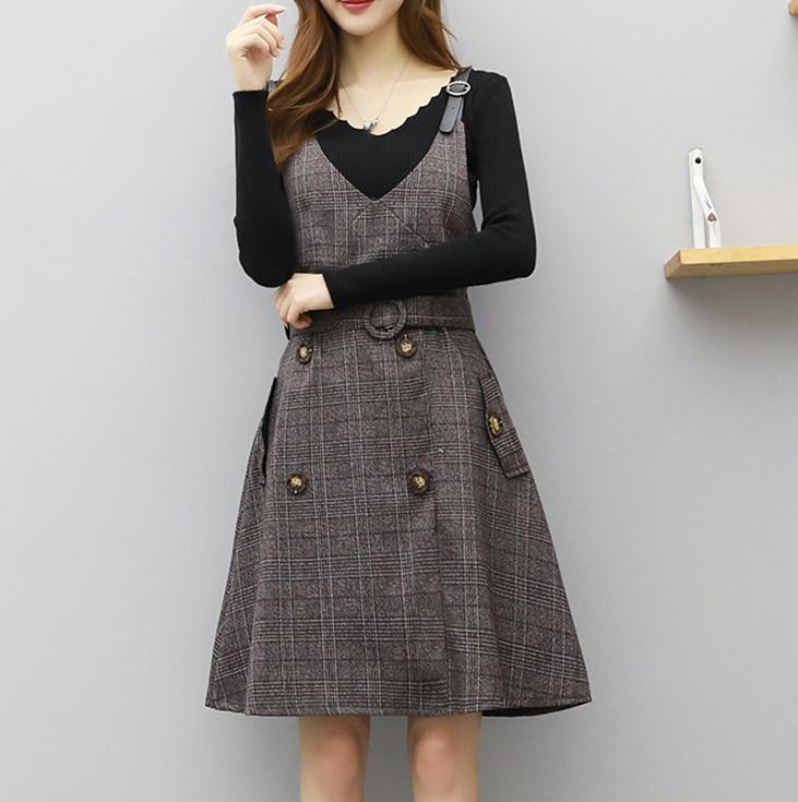 早秋千鸟格网纱套装裙,咖啡色格子吊带裙冬天怎么穿