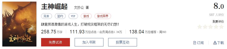起点评分8.7以上小说排行榜,推荐五本巅峰网络小说统治力爆表