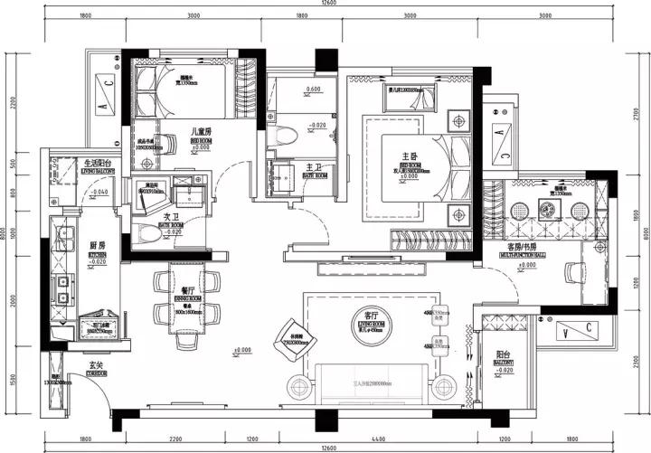 现代简约三室二厅两卫装修效果图,80平米两室一厅现代简约风简装图