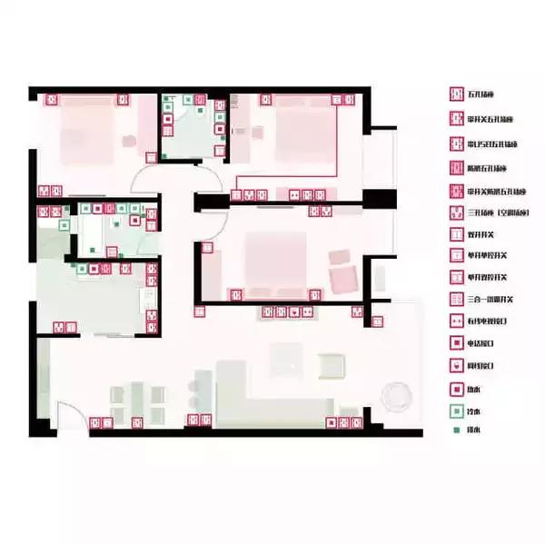 三室两厅两卫一厨插座开关布局,最全家装插座布局图安排起来