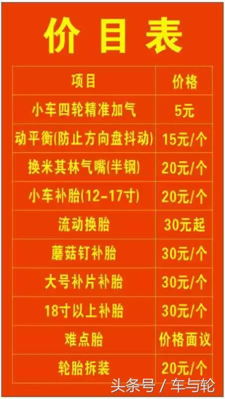 各地补轮胎价目表,各地修车价格